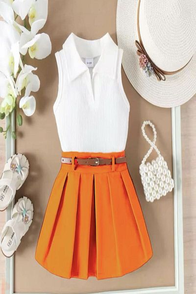 DeKuBaby Belted Pleated Skirt and White Bag Double Suit-Girl's Holiday Skirt Set