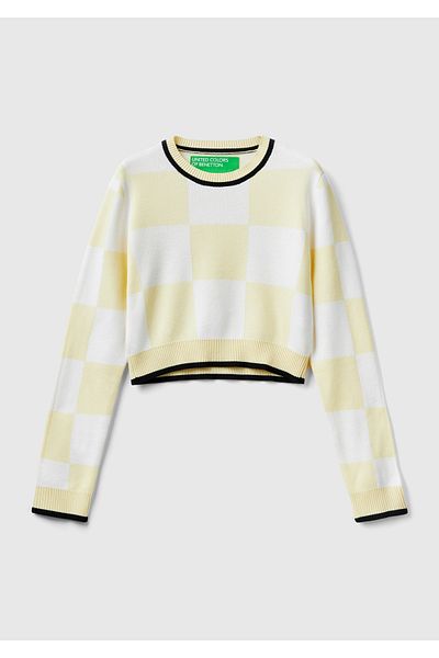 United Colors of Benetton Women's Light Yellow 100% Cotton Checkers Print Crop Sweater