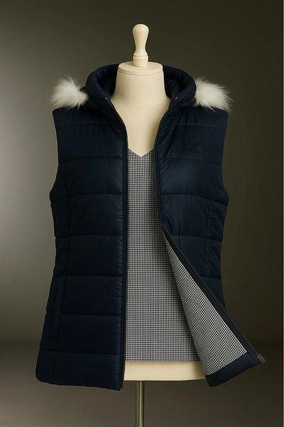 FATELLA Girl's Plain Single Navy Blue Color Hooded Front Zipper Basic Thin Inflatable Filling Vest