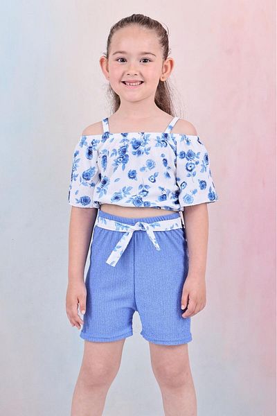TRENDİMİZBİR Set de 2 piese de vară pentru fete cu model de flori deschise pe umăr – albastru