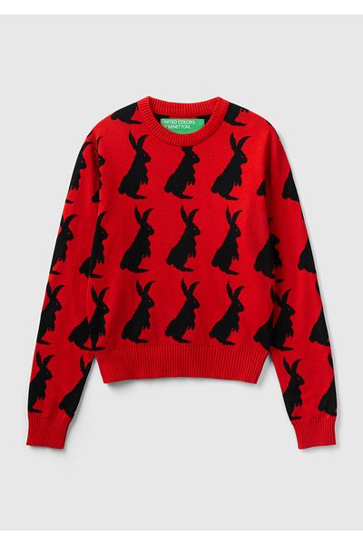 United Colors of Benetton Women's Red Rabbit Patterned 100% Cotton Sweater
