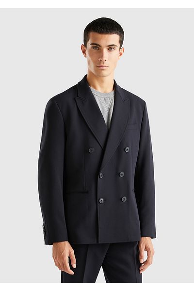 United Colors of Benetton Black Viscose Blended Men's Double Breasted Jacket
