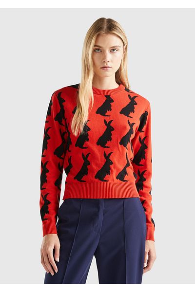 United Colors of Benetton Women's Red Rabbit Patterned 100% Cotton Sweater