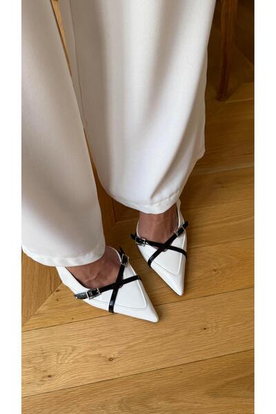 Eataly Shoes Zenna Beyaz Siyah Sivri Burun Topuklu Ayakkabı