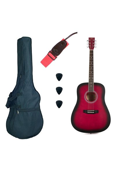 SX SD104RDS Basic 1, acoustic guitar set, matte red sunburst, gig bag, strap, 3 picks