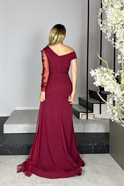 gesmoda G1341 Lace Detailed Maxi Design Dress Burgundy