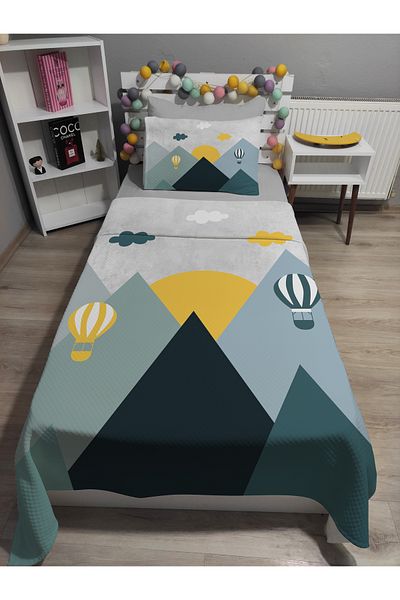 yok yok evim eve dair her şey 4 Piece Colorful Balloons Patterned Single Pique Bedspread Set with Elastic Sheets
