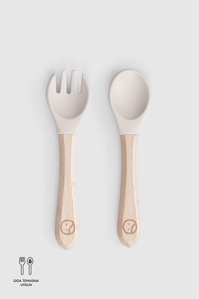 Little Gusto Beige Silicone Fork Spoon Set with Bamboo Handle