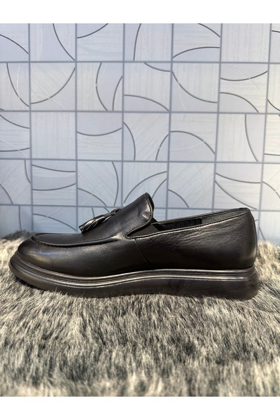 Anıl Ayakkabı ST 302 Мъжки черни ежедневни ортопедични мокасини от естествена кожа с пискюли Comford