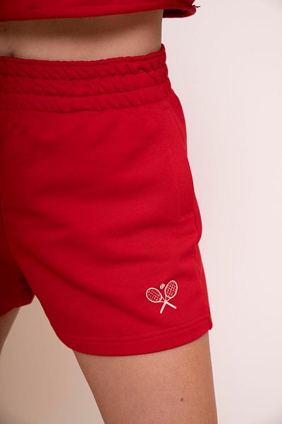 AFLOOW Delicate Women's Red Sports Shorts - Relaxed Fit, Stylish Tennis Racquet Detail