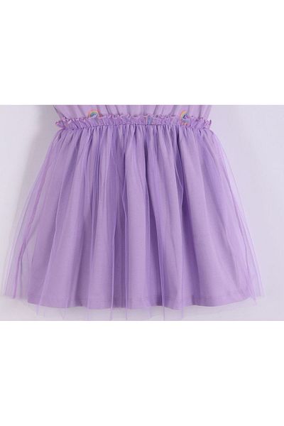 Pollito Girl's Lilac Tulle Detailed Rainbow Printed Dress