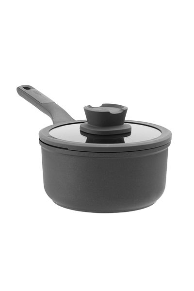 Berghoff Stone saucepan, 18 cm, 2.1L, lid, long handle, Aluminum, Glass, Black
