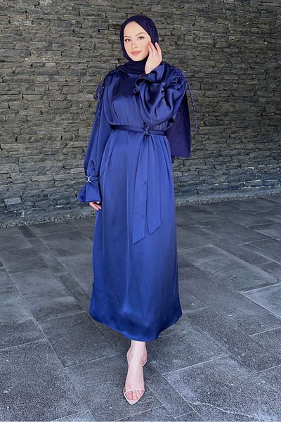 Ovn. Satin Dress with Sleeve Rubber Accessories - Navy Blue