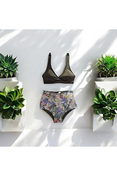 TooHot Women's High Waist Khaki Strap Triangle Bikini Set