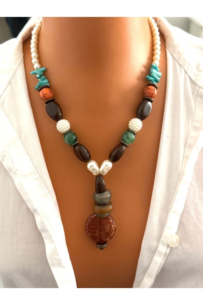 Naskosta El Yapımı cam boncuk, mercan ,cam inci, akrilik kadın sarkıt kolye, ...