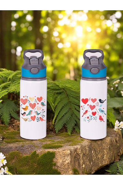 lili hediyelik Heart Birds Printed 2-Piece Water Bottle with Straw 650 ml