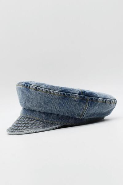 Külah Kadın Kot Şapka Driver Kasket Flat Cap Kaptan Şapkası - Mavi