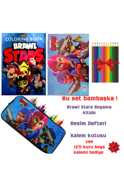 booddie Brawl Stars Boyama Kitabı Stickerlı,Resim Defteri, Brawl Kalem kutusu & 12' li Kuru Boya Kalemi Seti