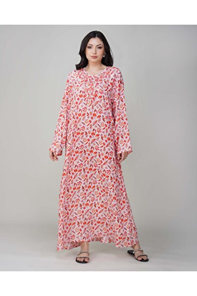 LINELLE جلابية نسائية مطبوعة ملونة - حمراء بأكمام طويلة مع تفاصيل تطريز على ا...