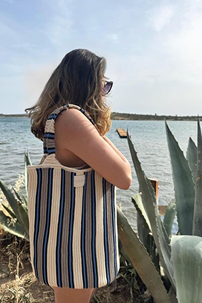 CHUBA Γυναικεία ριγέ πολύχρωμη εσωτερική επένδυση πλεκτό τσάντα παραλίας χεριών & ώμων Vanilla-Mink CHAX816