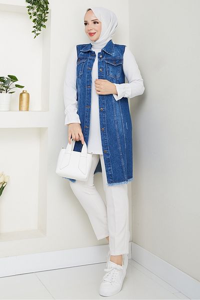Bestenur Nesa Tasseled Denim Vest 1527 - Blue