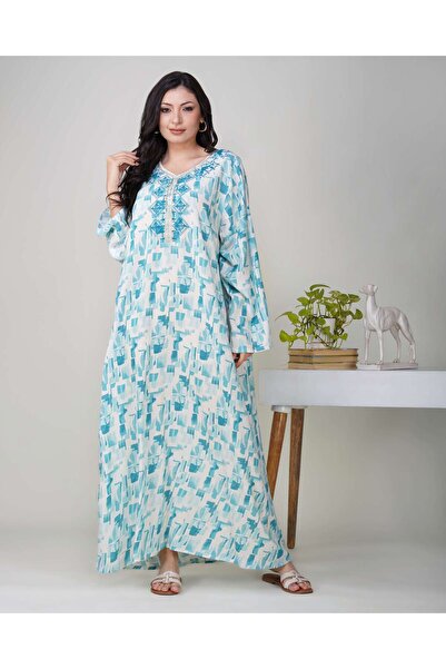 LINELLE جلابية نسائية مطبوعة - مع تفاصيل تطريز على الرقبة