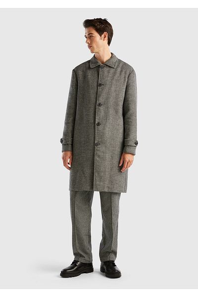 United Colors of Benetton Men's Beige Wool Blend Plaid Overcoat