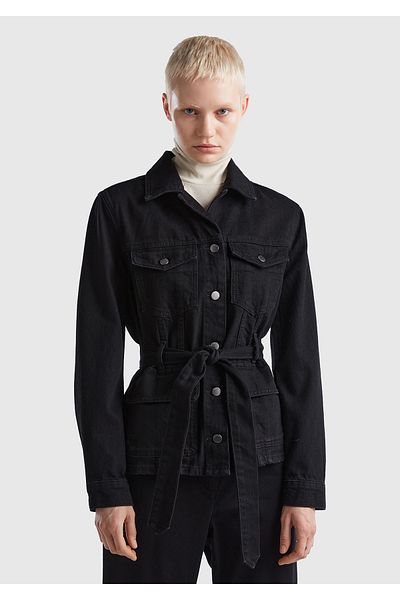 United Colors of Benetton Women's Black Denim Jacket - Waist Tied