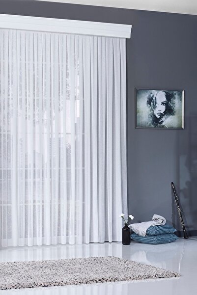 Elen's Premium Kalite UZUN Natural KETEN Görünümlü Ütü İstemez Kalın BEYAZ Tül Perde 1/2 Pileli FOLDED