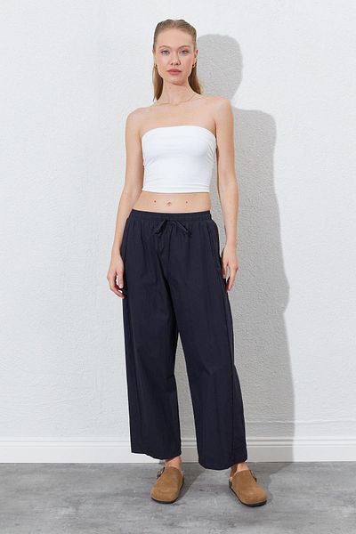 TENA Women's Black Casual Cut Pants with Elastic Waist and Hidden Pocket Detail