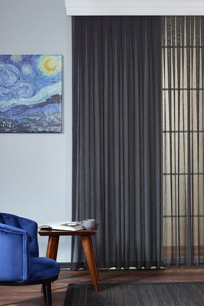 Elen's Natural KETEN Görünüm Ütü İstemez Kalın ANTRASİT Tül Perde Salon Yatak Odası Mutfak 1/3 Sık Pile FOL