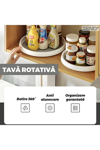 Teno Tava Rotativa pentru Bucatarie Teno®, suprafata anti-alunecare, mese, 25 cm, alb/gri