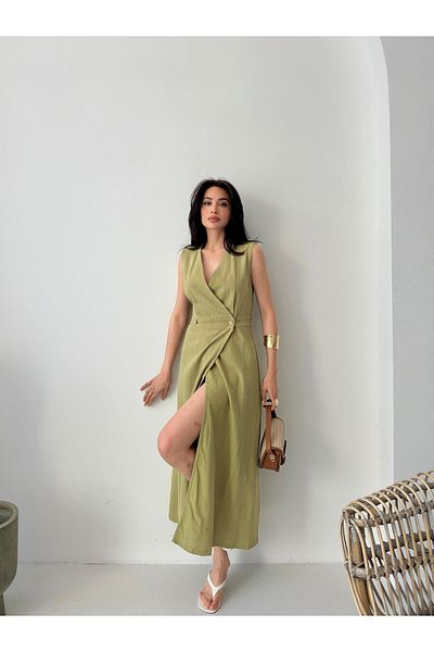 Serica Moda Green Double Breasted Cutout Sleeveless Long Linen Dress
