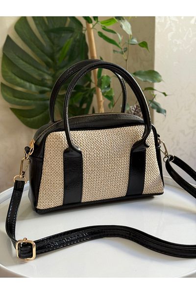 ZEYS Leather Women's Hand and Shoulder Bag with Canvas Detail