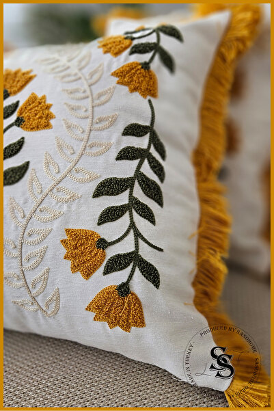 SasoHome Beauty Flowers Punch Embroidery Patterned Linen Throw Pillow Cover