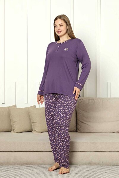 ALİMER Women's Purple Floral Pattern Crew Neck 3 Button Slit Detail Plus Size Viscose Long Sleeve Pajamas