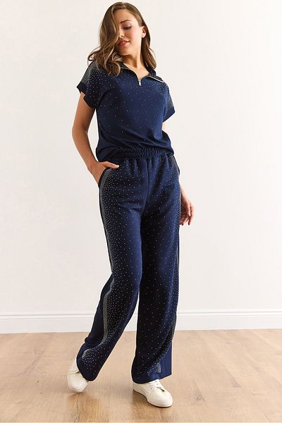 Olalook Women's Navy Blue Sequin Detailed Bottom Top Set Tkm-19000400