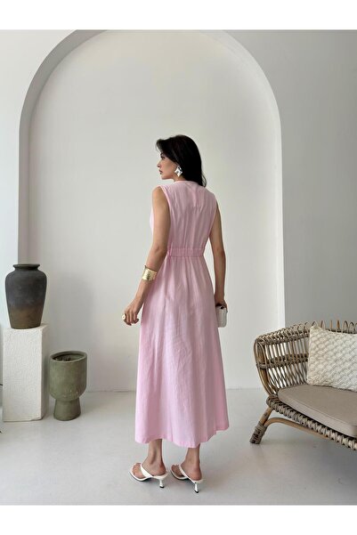 Serica Moda Pink Double Breasted Cut Sleeveless Long Linen Dress