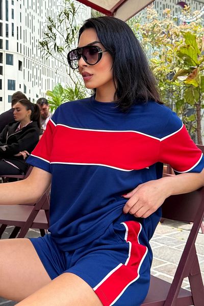 Ded COLLECTION Women's Short Sleeve Crew Neck Piping Detailed Tshirt Shorts Modal Fabric Set