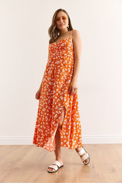 Olalook Women's Orange Strap Adjustable Front Gathered Woven Viscose Dress Elb-19002438