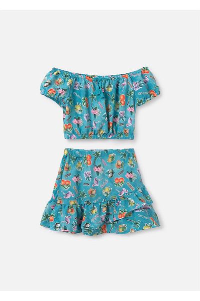 MAYORAL Girl's Printed Top Skirt Suit Turquoise 6989