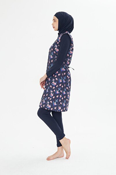 Fantasy Tam Kapalı Yelekli Desenli Paraşüt Kumaş Tesettür Mayo Lacivert 3474-L