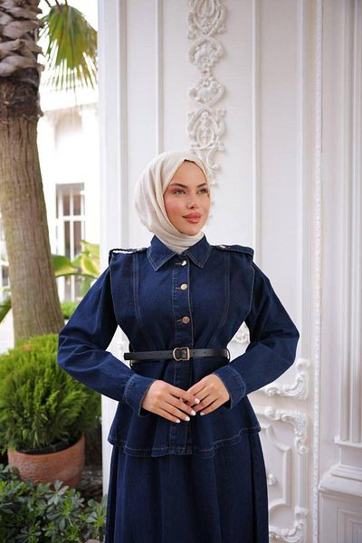 CNG MODA Denim Gold Button Detailed Denim Skirt Suit