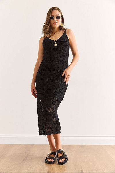 Olalook Women's Black Lined Strappy Openwork Summer Knitwear Dress Elb-19002434
