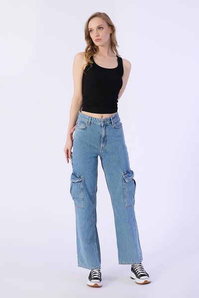 BPF Light Blue High Waist Wide Leg Trousers with Cargo Pockets