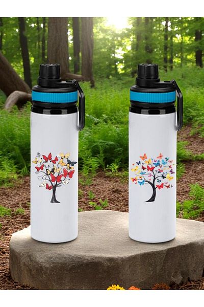 lili hediyelik Butterfly Printed 2-Piece Blue Handled Water Bottle 850 ml
