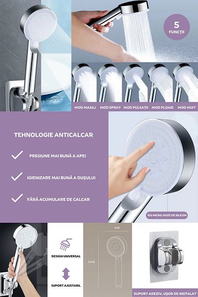 clickzu 5-function shower set: hand shower, 1.5m hose, adhesive support, anti-limescale technology with silicone micro-nozzles