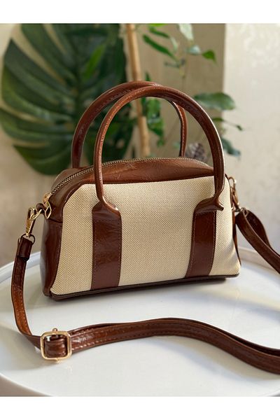 ZEYS Leather Women's Hand and Shoulder Bag with Canvas Detail