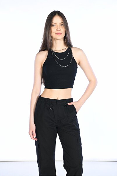 BPF Siyah Yüksek Bel Stoperli Wideleg Paraşüt Kargo Pantolon