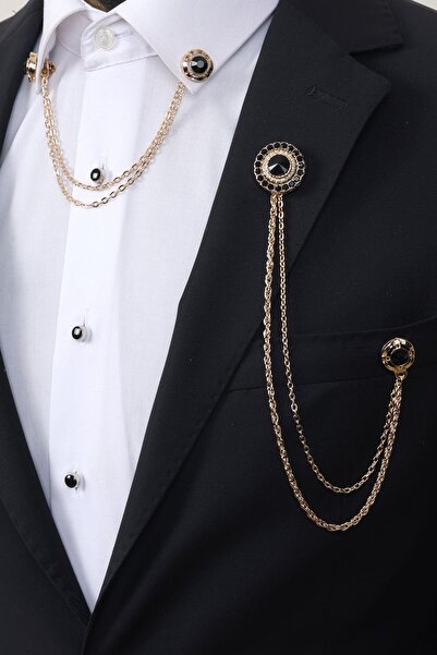 Esgue Gold Renk Siyah Taşlı Ceket & Gömlek Yaka Broş Seti